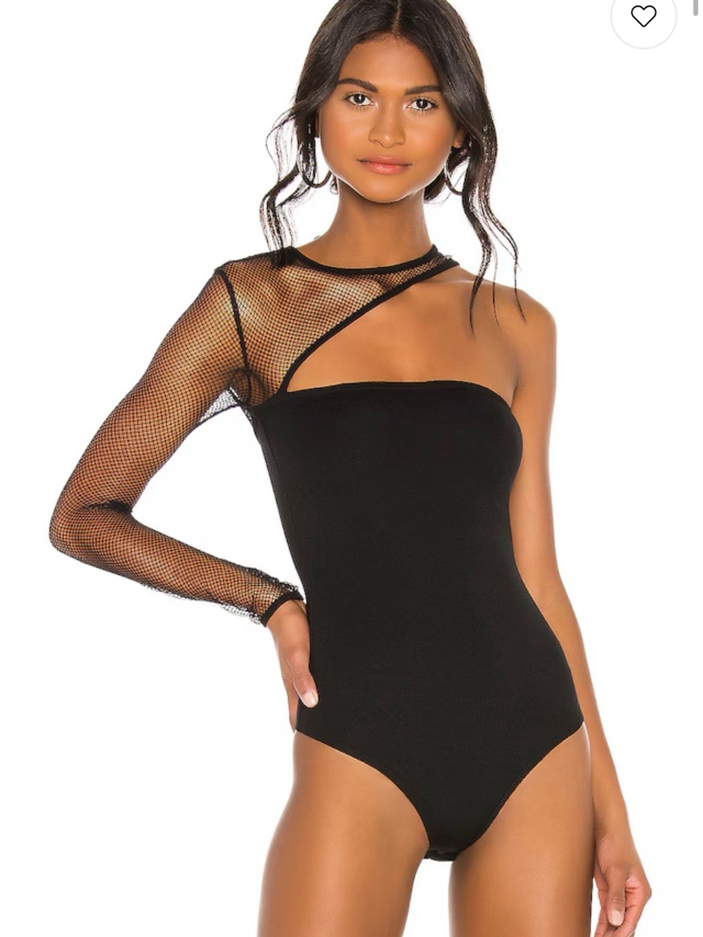NWOT h:ours Black One-Shoulder Mesh Sleeve Bodysuit - Picture 2 of 8